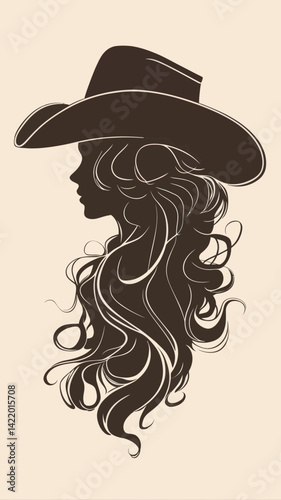 Silhouette of Cowgirl with Curly Hair and Cowboy Hat in Minimalist Vector Style