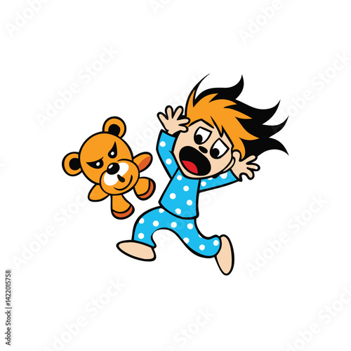 cartoon kid in messy pajamas with bedhead hair