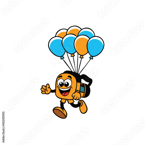 cartoon character floating with balloons tied