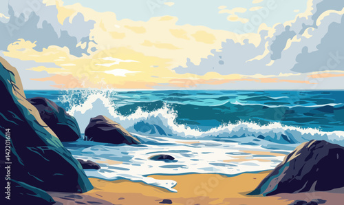 Minimalist Sea Landscape with Waves and Rocks in Vector Style Illustration