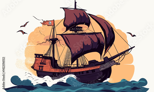 Vintage Pirate Ship Sailing at Sunset, Vector Illustration for Nautical Themes and Adventure Concepts