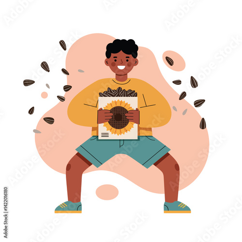 Boy holding sunflower seeds snack pack with smiling expression in casual clothes and sneakers 