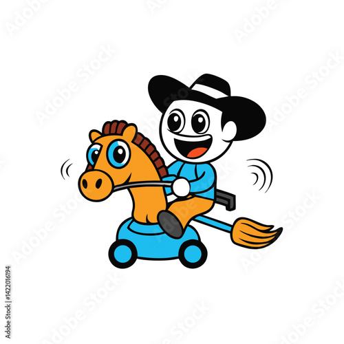 cartoon boy dressed as cowboy riding a vacuum