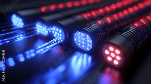 Close-up of optic fibers with dynamic blue and red light bokeh in the background, fiber optic cable, blue red colors. Quantum-Touched Fibers. Illustration