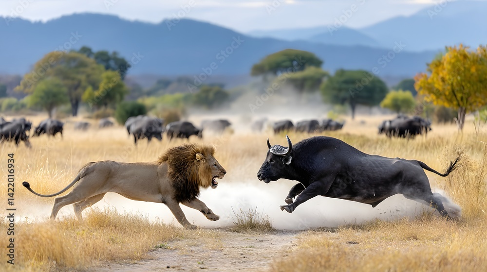 Majestic Lion and Cape Buffalo Confrontation in African Savanna Majestic Lion and Cape Buffalo Confrontation in African Savanna