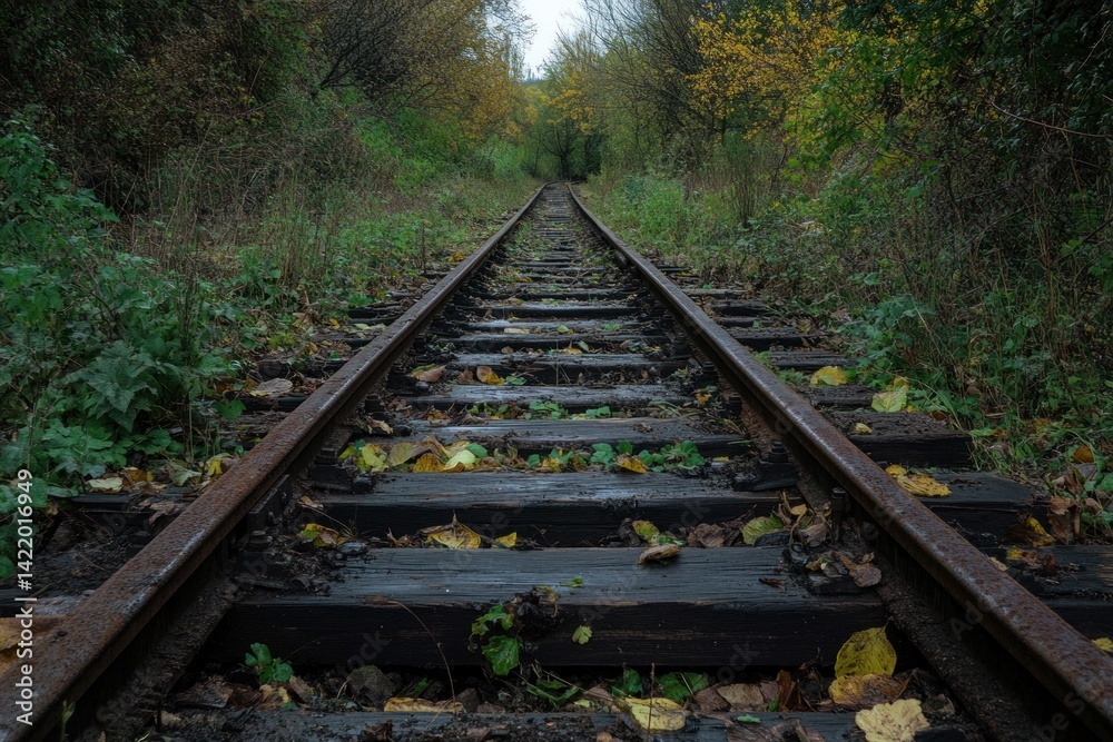 Autumnal Railroad Tracks Leading into the Forest