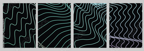 Modern wiggle gradient pattern poster background vector set.Cover template with vibrant perspective geometric prism shapes in motion. Ideal design for social media, cover, banner, flyer,ads.