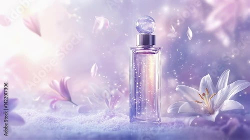 Elegant perfume bottle surrounded by flowers and soft lighting in a dreamy setting