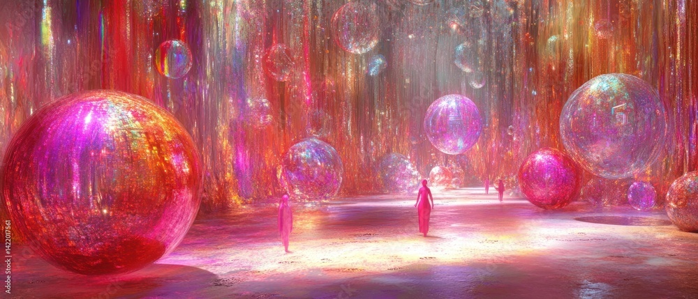 Surreal Dreamland: Pink Bubbles and Figures in a Sparkling, Enchanted Realm