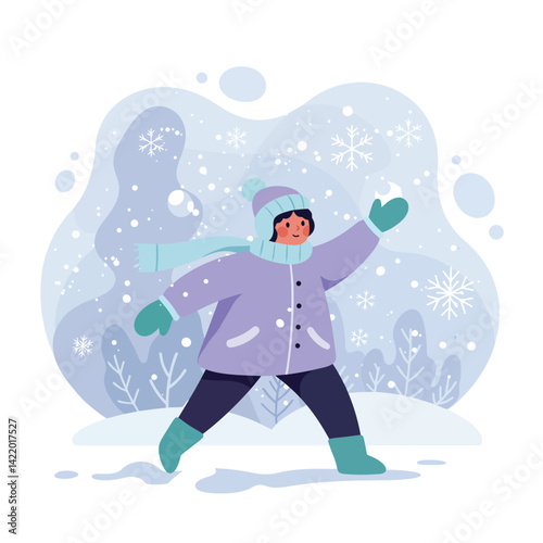 Child playing in snowy winter landscape with purple jacket green mittens and boots joyful outdoor activity 