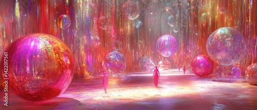 Obraz na płótnie Surreal Dreamland: Pink Bubbles and Figures in a Sparkling, Enchanted Realm w salonie