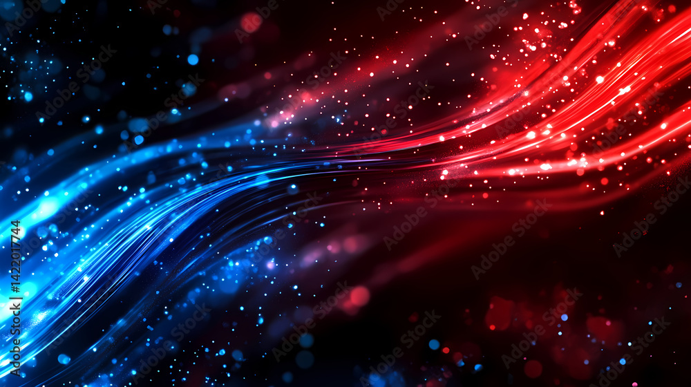 Close-up of optic fibers with dynamic blue and red light bokeh in the background, fiber optic cable, blue red colors. Quantum-Touched Fibers. Illustration