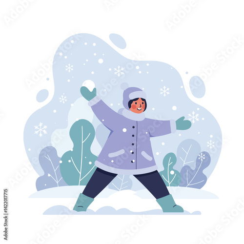 Child playing in snowy winter landscape with coat and mittens enjoying outdoors fun and snowflakes falling 
