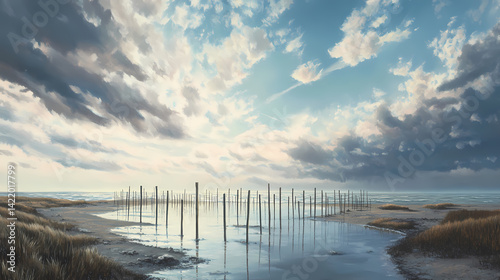 Obraz na płótnie Stunning coastal panorama of zeeland's beach poles under a brilliant spring sky, capturing the essence of nature's beauty in a tranquil seaside. Fatewoven Strands. Illustration w salonie