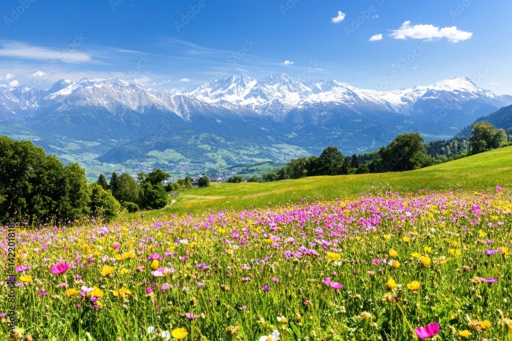 Alpine Meadow Panorama: Vibrant Wildflowers Against Majestic Snow-Capped Mountains