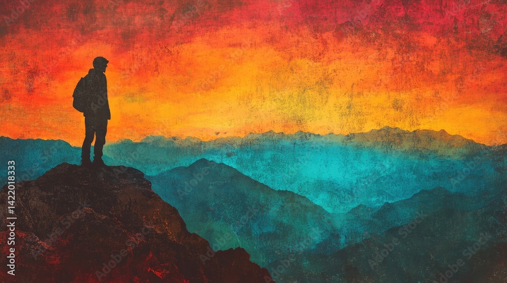 Fototapeta premium A lone hiker silhouetted against a vibrant sunset, overlooking a vast mountain range.