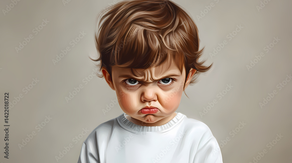 Grumpy toddler in white sweatshirt. Starborn Textile. Illustration