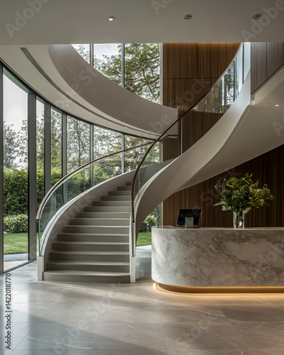 Modern staircase design luxury interior architecture spiral stairs glass railing marble reception area