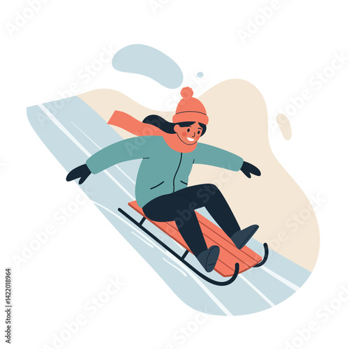 Child enjoying winter sledding activity wearing warm clothes and a red hat in snowy landscape 