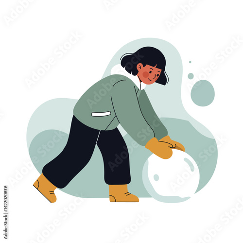 Child playing with a large snowball during winter wearing warm clothing and boots in digital illustration style 