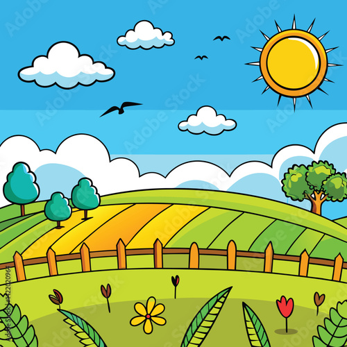 Summer Field Countryside Landscape Illustration | Sunny Day Cartoon Rural Scenery