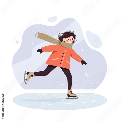 Child ice skating on frozen pond wearing orange coat and beige scarf in winter outdoors activity 