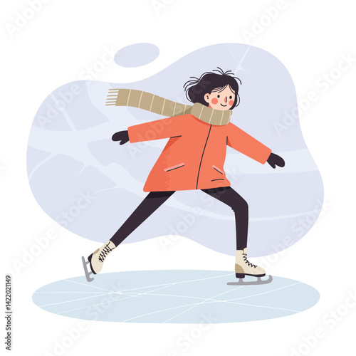Young girl ice skating outdoors in winter wearing orange coat and brown scarf enjoying cold season activity 