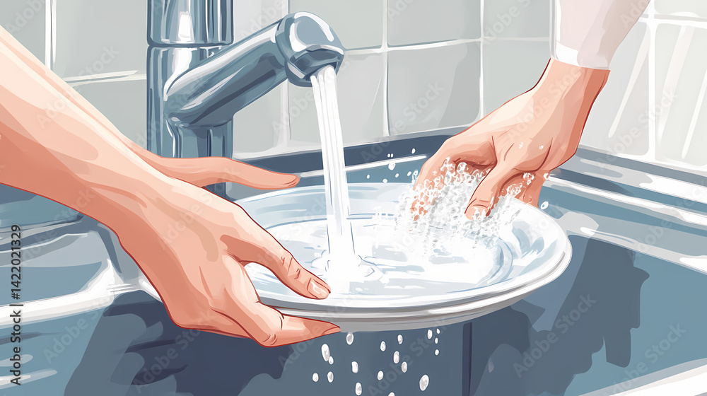 Hands washing a plate under running water in a modern kitchen sink. Mindwash Current. Illustration