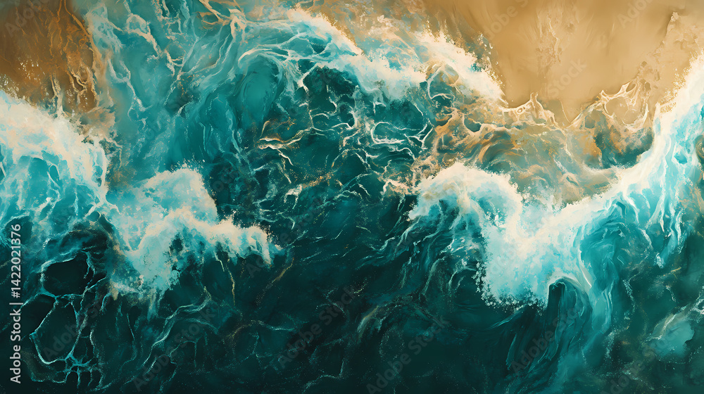 Stunning aerial view of turquoise ocean waves crashing on a sandy beach. Tranquil Breaker. Illustration