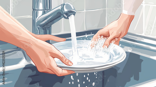 Obraz na płótnie Hands washing a plate under running water in a modern kitchen sink. Mindwash Current. Illustration w salonie