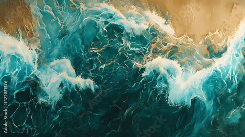 Stunning aerial view of turquoise ocean waves crashing on a sandy beach. Tranquil Breaker. Illustration