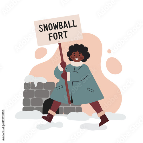 Child holding snowball fort sign near snowy stone wall in winter clothing playful outdoor scene 