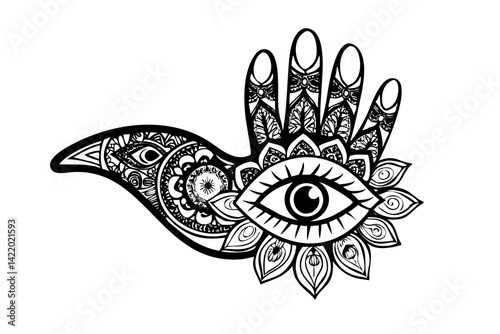 Ornamental Hand Hamsa with Eye | Intricate Black and White Vector Illustration for Spiritual Art, Boho Design, and Meditation
