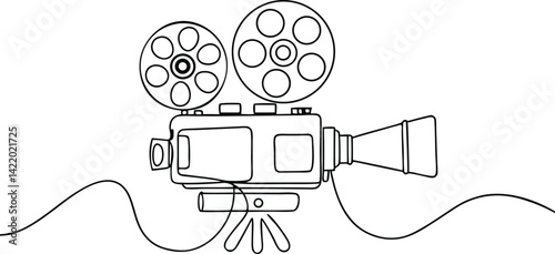 Line Art of Old Movie Camera with Film Reels and Tripod On White Background