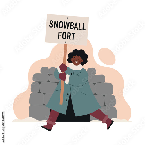 Child holding snowball fort sign in winter clothing near snow fort wall illustration cheerful and playful scene 