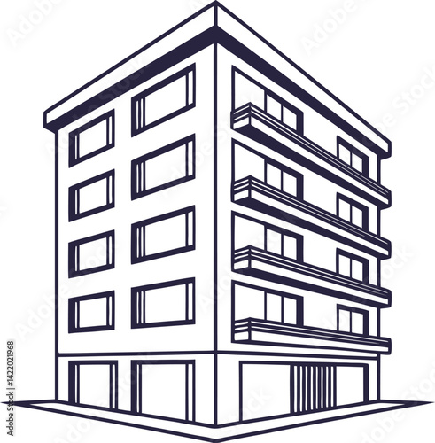 Modern Apartment Building Line Art Illustration