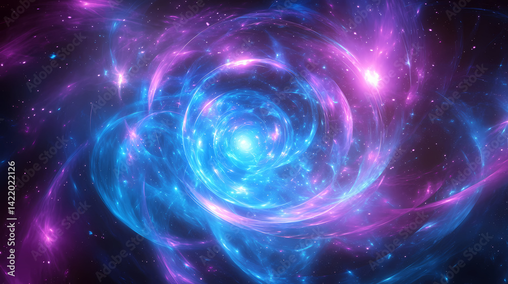 Photo realistic image of neon blue and purple light streaks creating a hyper-speed warp effect, radiating from the center in space. Plasma-Woven Warp. Illustration