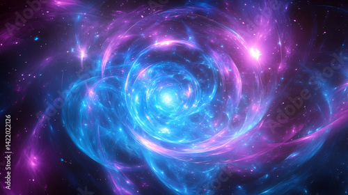 Obraz na płótnie Photo realistic image of neon blue and purple light streaks creating a hyper-speed warp effect, radiating from the center in space. Plasma-Woven Warp. Illustration w salonie