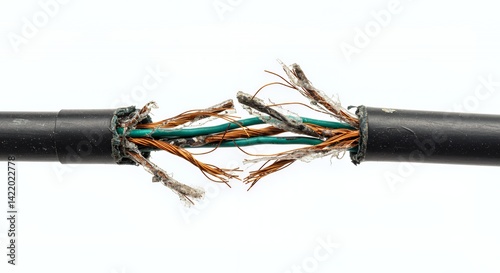 Frayed Black Electrical Cable with Exposed Wires Isolated on White