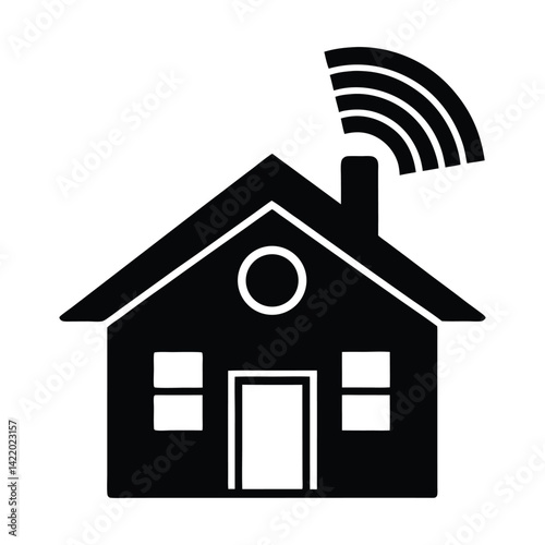 Silhouette of a house with a Wi-Fi symbol above it on white background