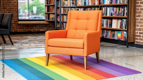 A vibrant orange chair sits on a colorful rainbow rug in a cozy library, surrounded by shelves filled with books, creating a welcoming reading space.