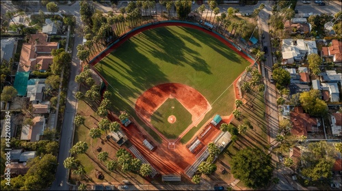 Aerial View of Baseball Field Surrounded by Lush Palm Trees and Neighborhood Homes