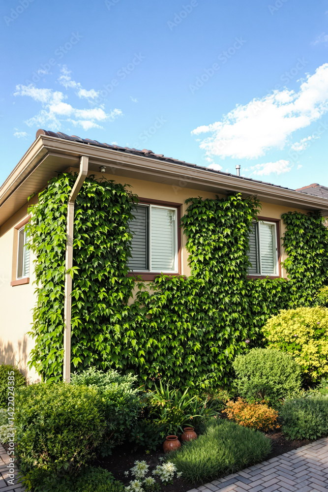 Obraz premium lush green ivy covering a light beige house exterior wall