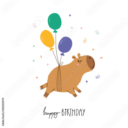 Cute birthday greeting card with capybara flying with colorful balloons and lettering - Happy Birthday. Perfect for kids birthday cards, party invitations, posters, prints, and nursery decor.