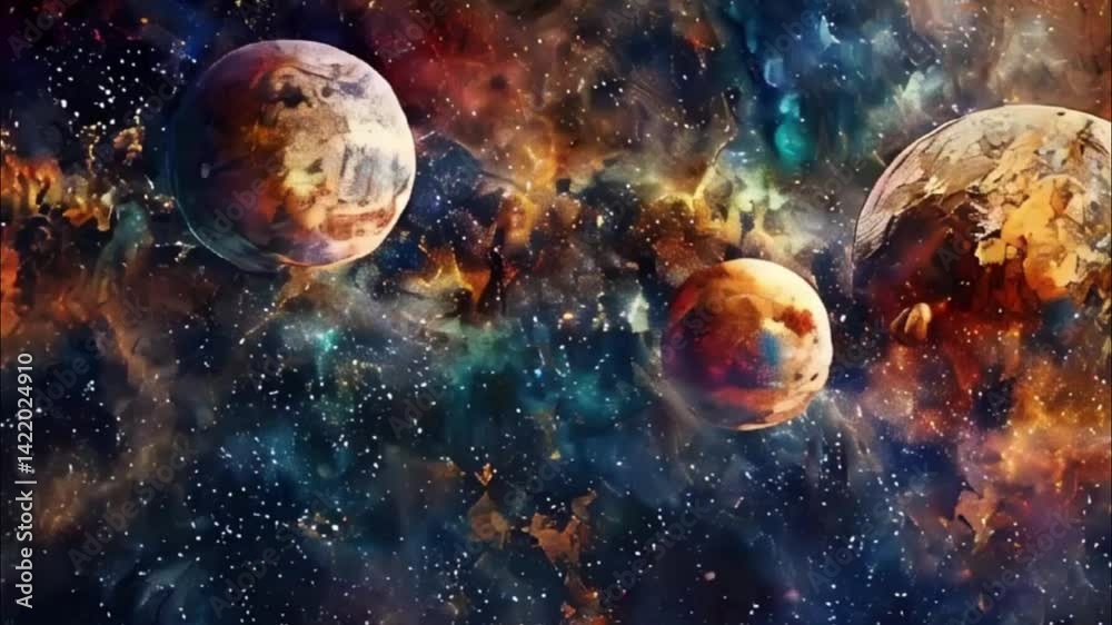 Planets gather in the solar system amidst glowing stars in a vibrant cosmic atmosphere Planets gather in the solar system amidst glowing stars in a vibrant cosmic atmosphere