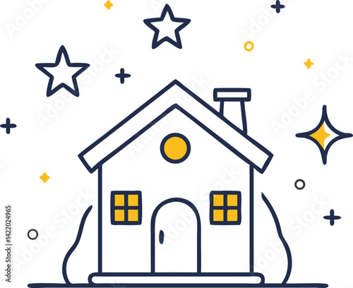 A charming, simple line art illustration of a cozy cottage nestled amongst a starry night sky.