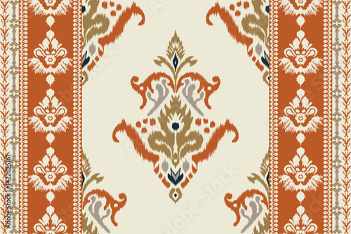 Traditional seamless ikat fabric pattern with ethnic motifs on a cream background. Embroidery for textile design, wallpaper and cultural fabric printing.