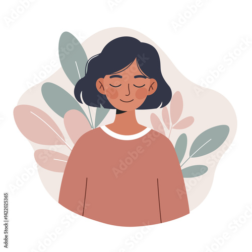 Woman with calm expression and closed eyes surrounded by pastel leaves illustration in soft earthy tones 
