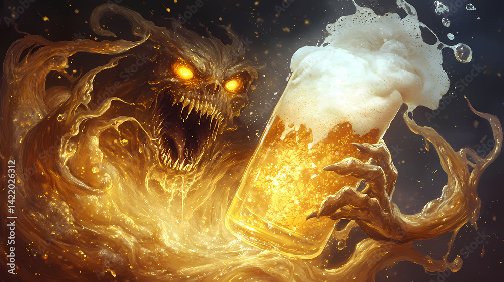 A ghostly beer demon with glowing amber eyes, its body made of swirling golden liquid and thick foam. Phantom Foam. Illustration