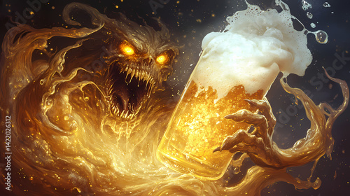 Obraz na płótnie A ghostly beer demon with glowing amber eyes, its body made of swirling golden liquid and thick foam. Phantom Foam. Illustration w salonie